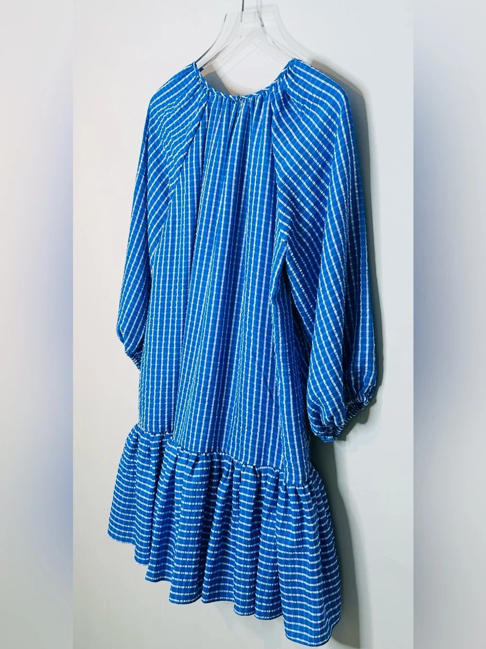 LDT Rachel Ruffle Seersucker Blue White Mini Dress NWT - Picture 8 of 15